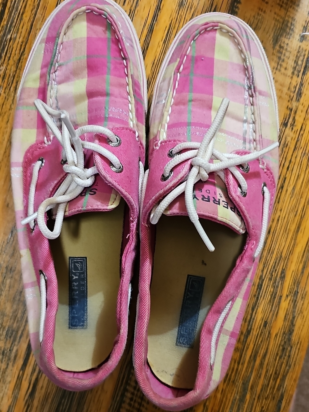 Sperry Pink and Cream Plaid Canvas Boat Shoes